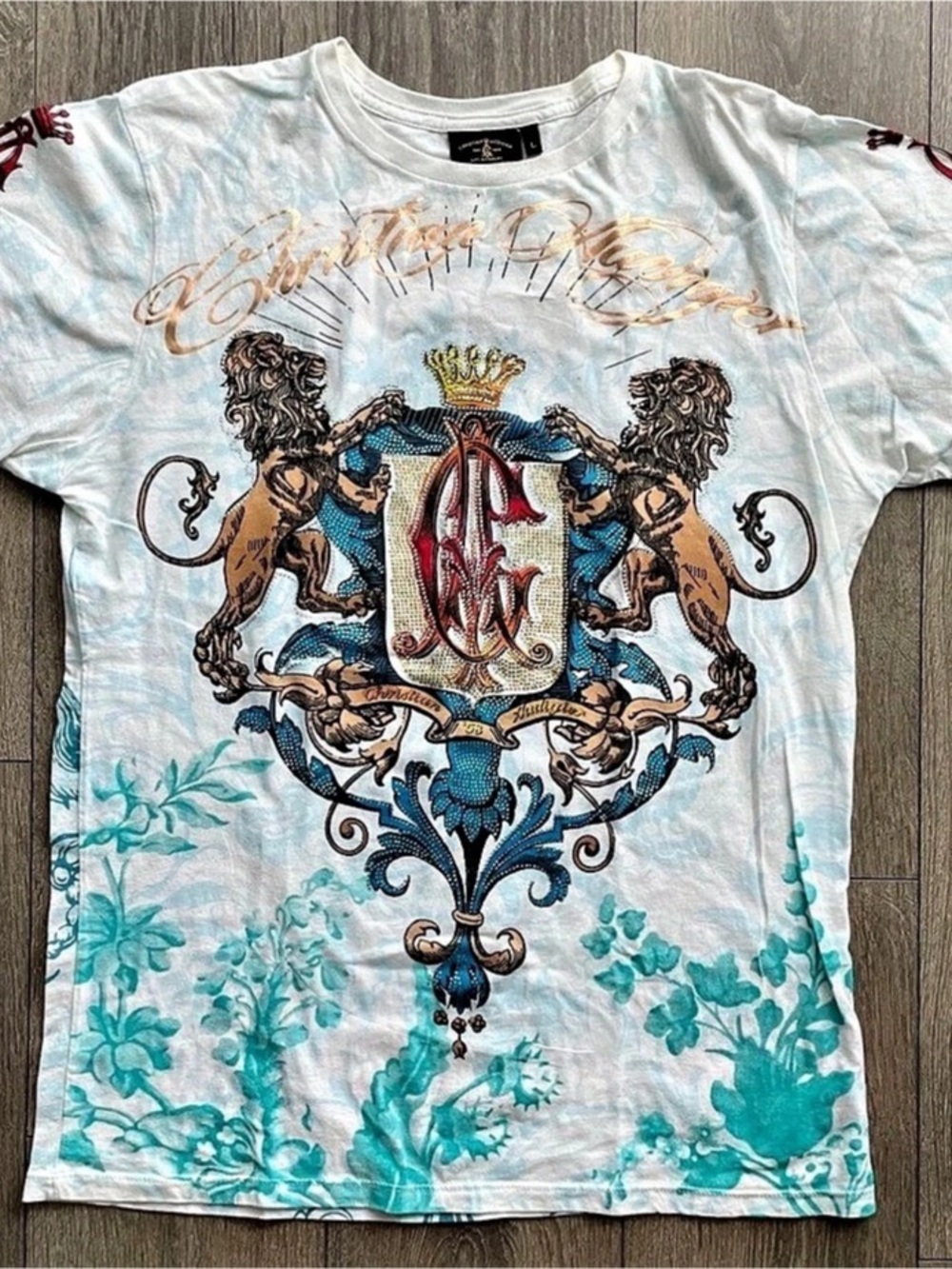 Christian Audigier Graphic Cotton Tee in White & Blue Size Large